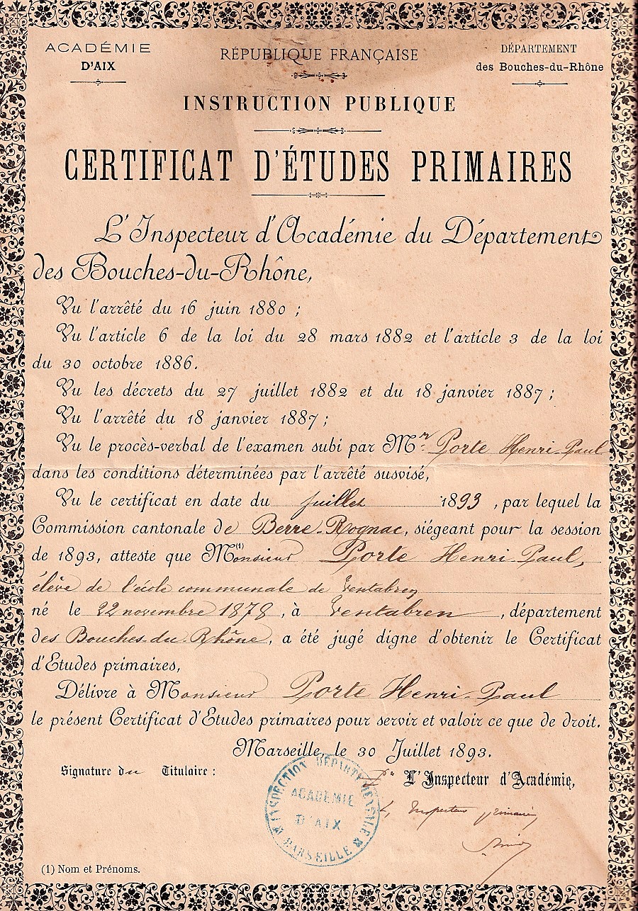 Diplôme certificat d'études primaires de Henri Porte