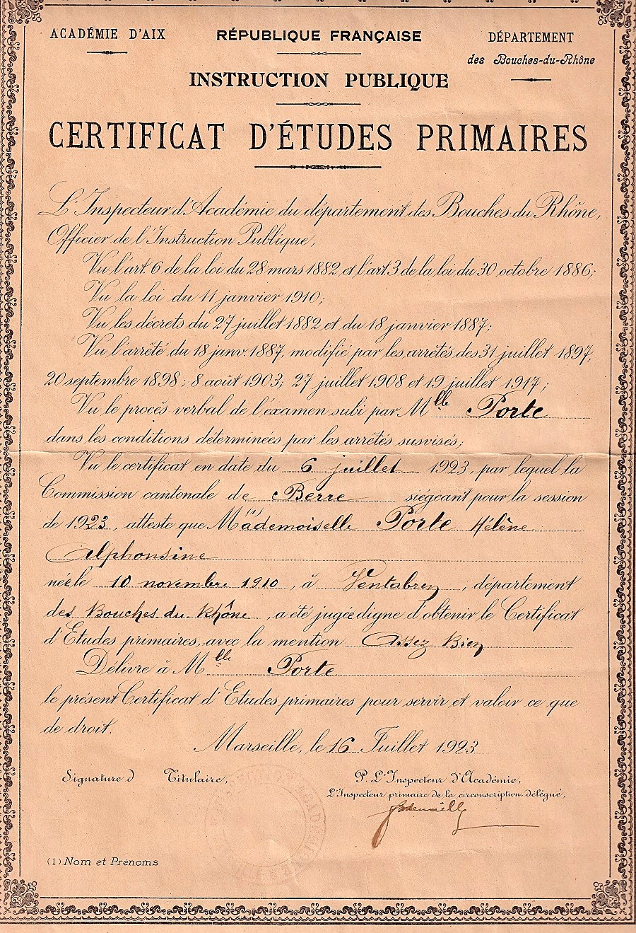 Diplôme certificat d'Etudes de Mme Hélène Porte