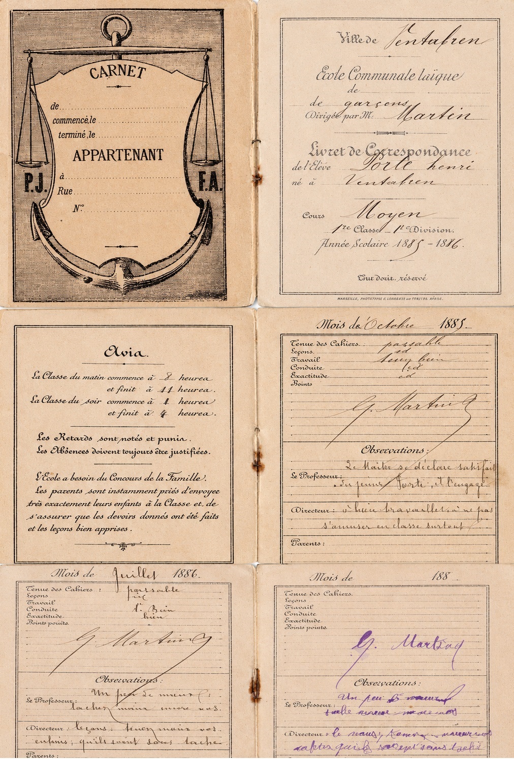 Carnet scolaire d'Henri Porte
