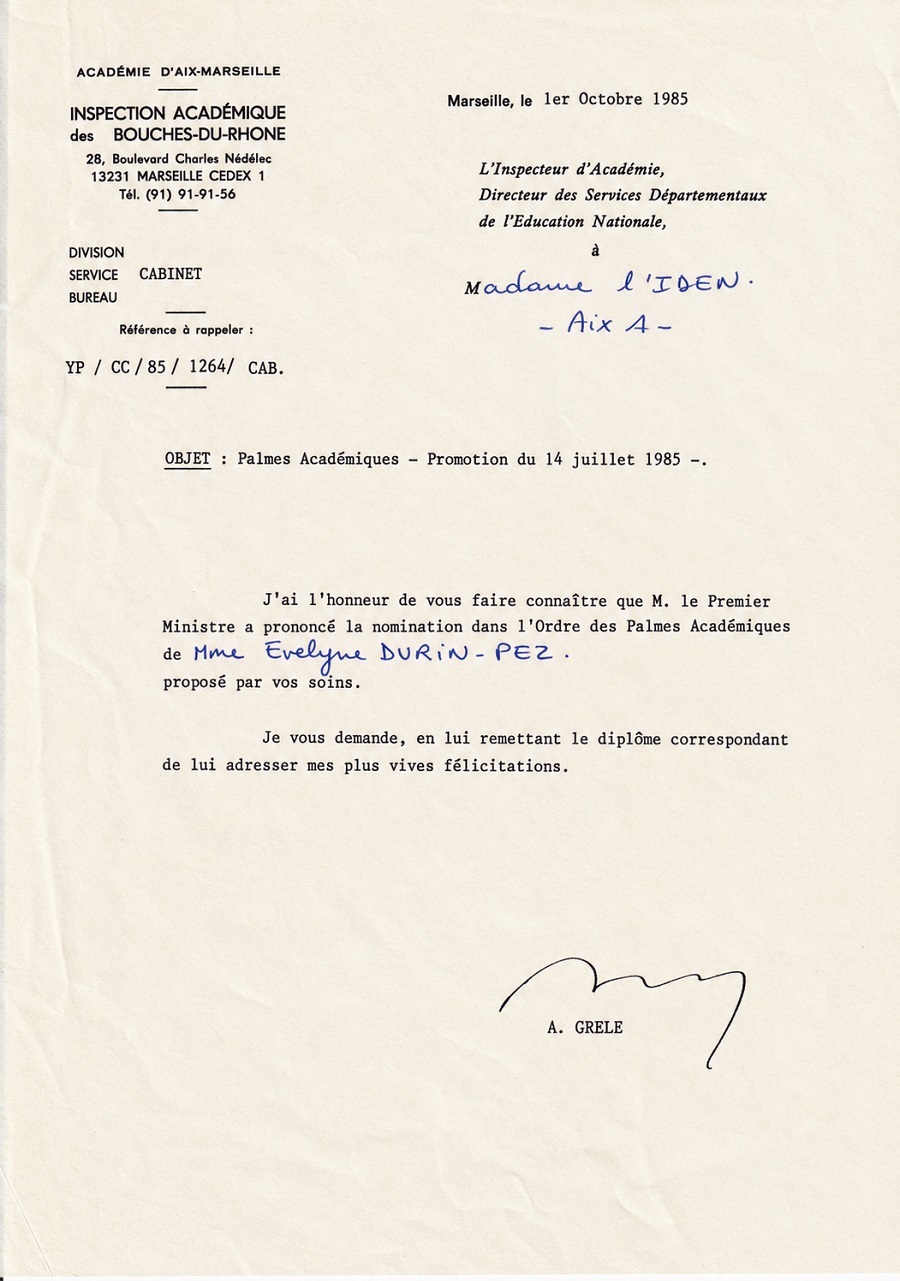 Lettre Inspection Académique Promotion du 14 juillet 1985